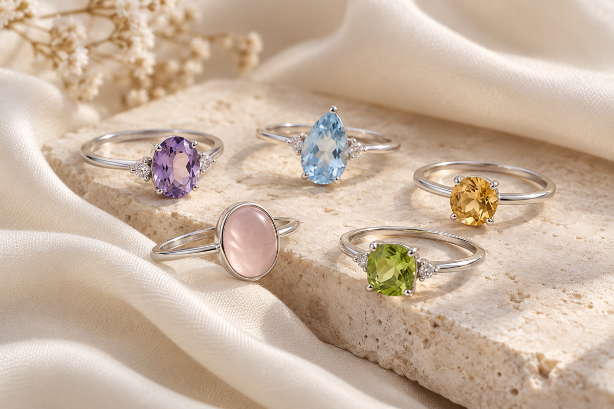 Illustration of five dainty sterling silver rings with colorful gemstones on an ivory background