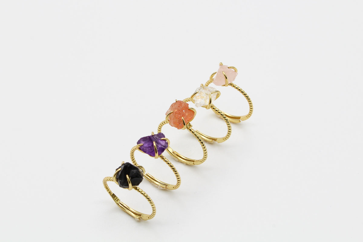 Dainty Raw Sterling Silver Gold Crystal Ring