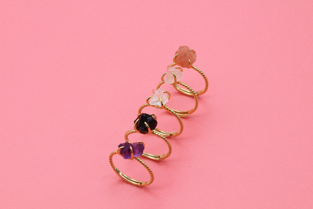 Dainty Raw Sterling Silver Gold Crystal Ring